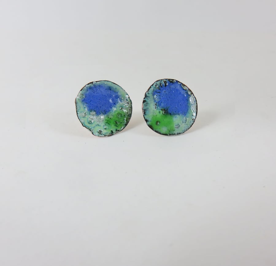 Enamel and Textured Copper Stud Earrings
