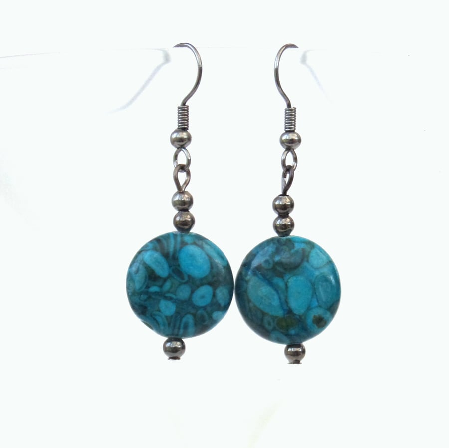 Blue jasper coin earrings, unusual handmade jewellery
