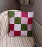 Patchwork cushion cover in olive green, crimson and pink.  - Image 2