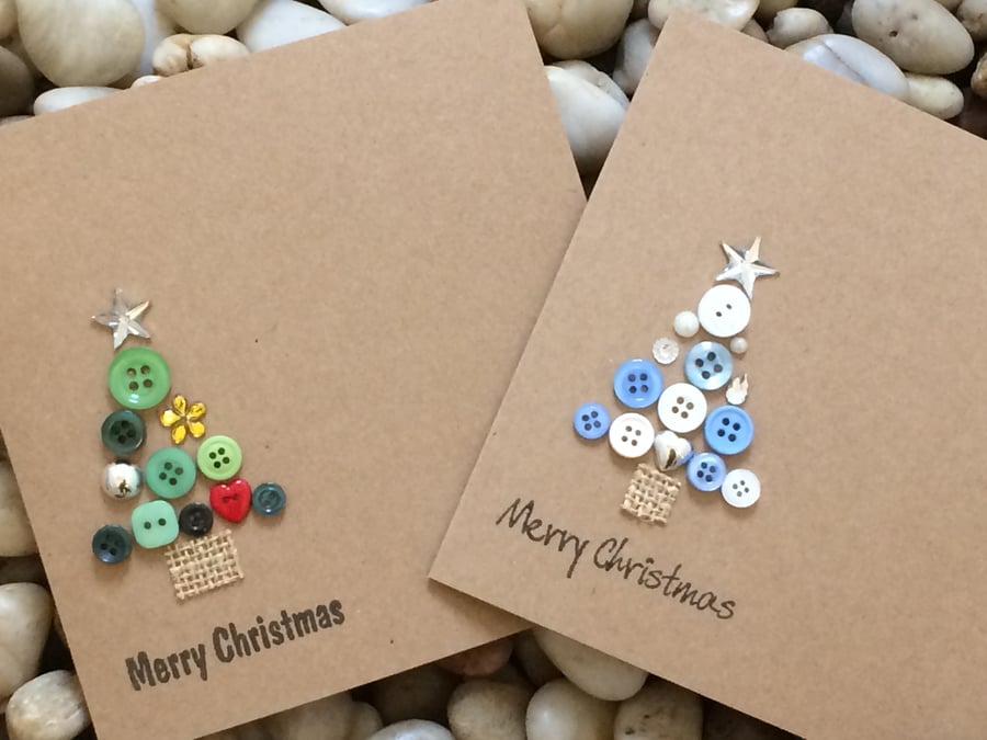 4 Pack of Rustic Christmas Tree Cards - Handmade Button Christmas Card Set