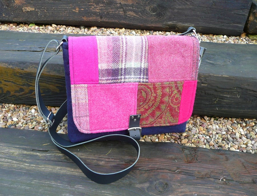 Crossbody bag pink patchwork british wool tweed shoulder bag handbag