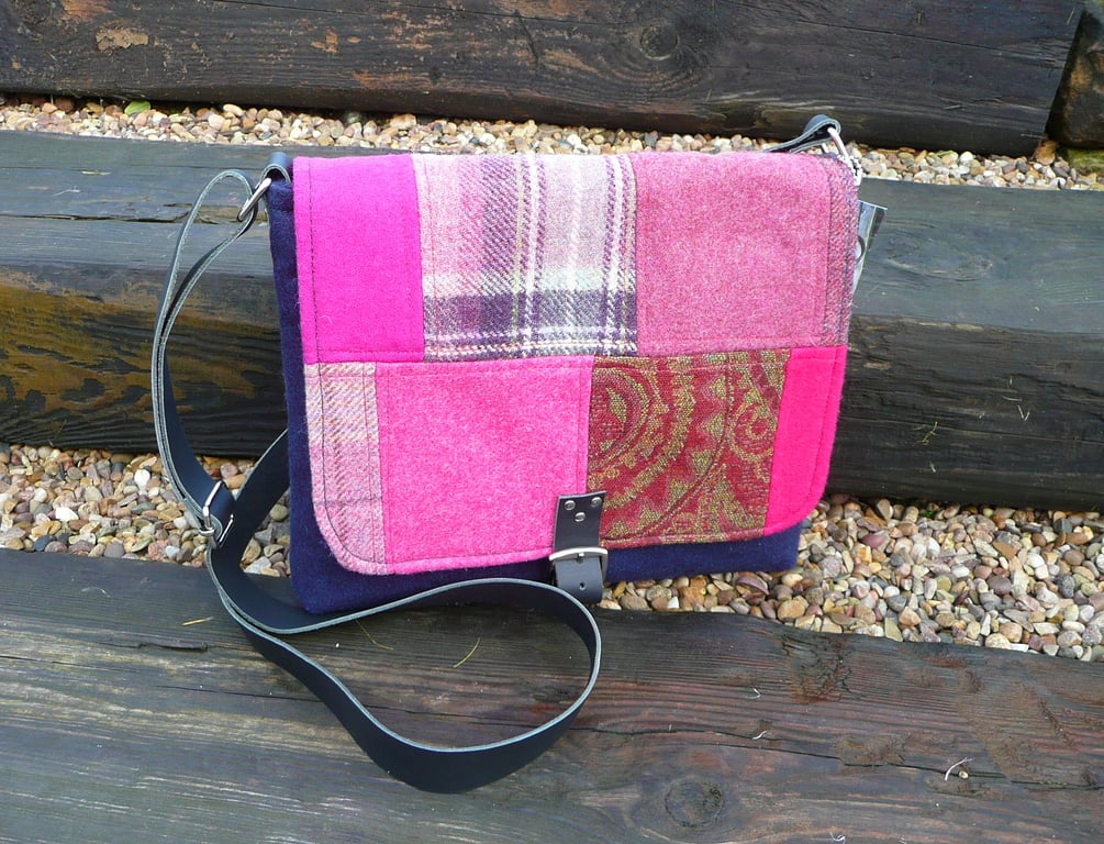 Crossbody bag pink patchwork british wool tweed shoulder bag handbag