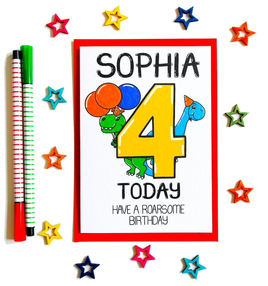 Personalised Birthday Card 4 Today Have a Roarsome Birthday with cute dinosaurs