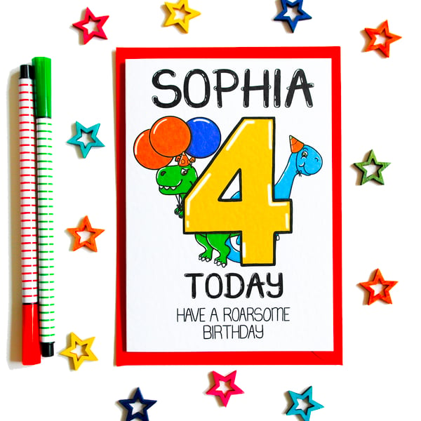 Personalised Birthday Card 4 Today Have a Roarsome Birthday with cute dinosaurs