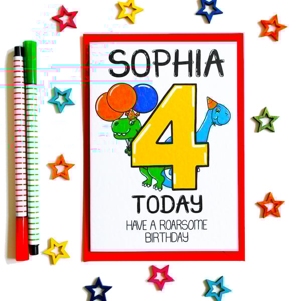 Personalised Birthday Card 4 Today Have a Roarsome Birthday with cute dinosaurs