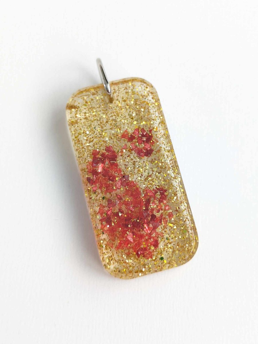 Rectangular Resin Pendant With Gold Glitter & Red Glass