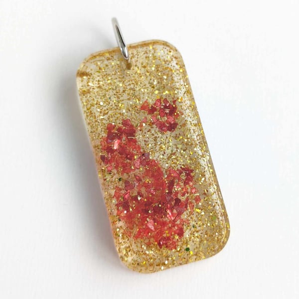 Rectangular Resin Pendant With Gold Glitter & Red Glass