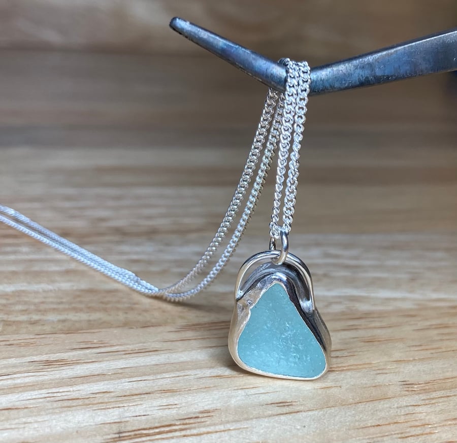 Handmade Welsh Pale Aquamarine Sea Glass & Silver Pendant & Silver Necklace