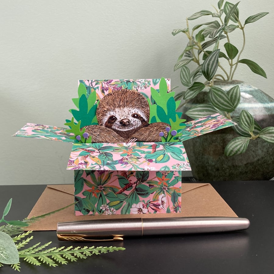 Sloth card; Personalised, birthday or blank. Sloth in a box gift card holder.