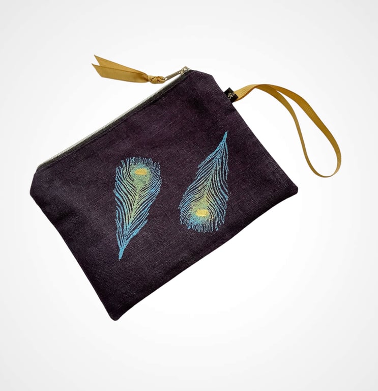 Navy Peacock Feathers Velvet Zip-Up Pouch