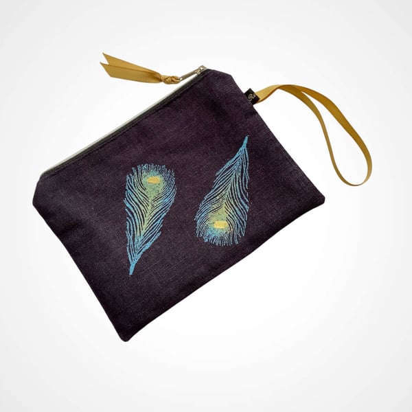 Navy Peacock Feathers Velvet Zip-Up Pouch
