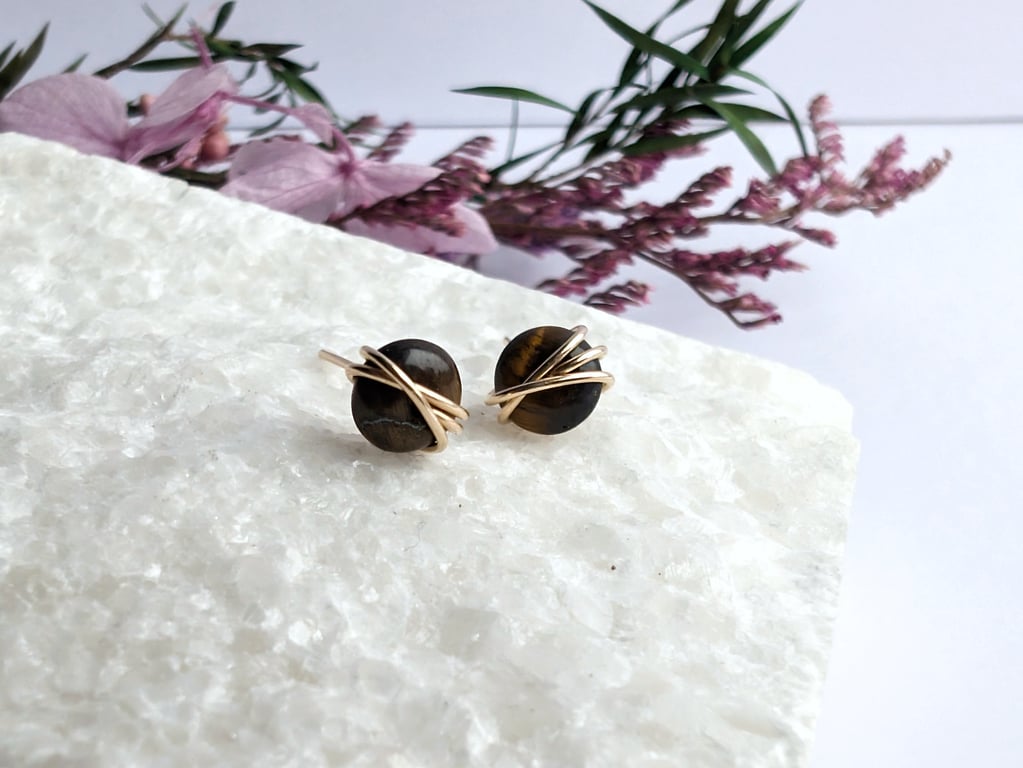TIGER'S EYE Stud Earrings Sterling Silver 14K Gold Filled Jewellery Wire Wrapped