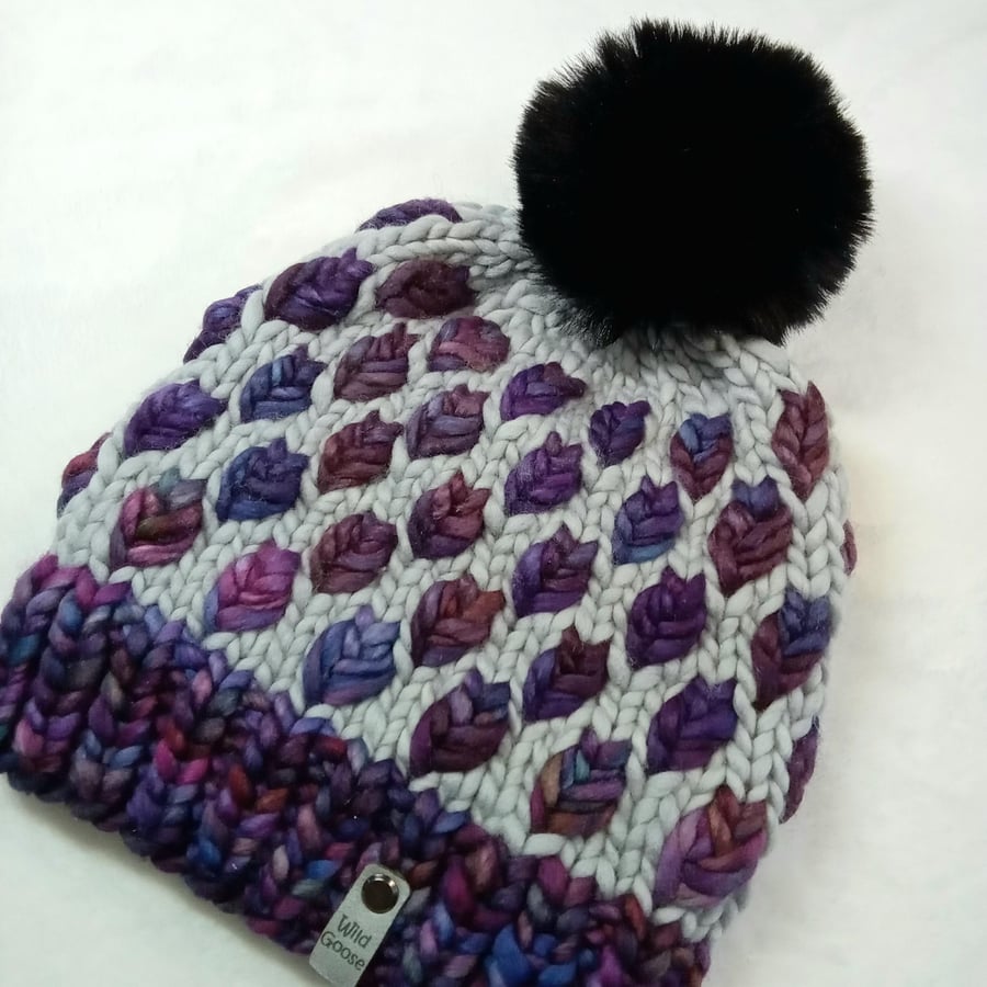 Hand Knit Hat in Luxury Merino wool. Grey and Purple. Optional Faux fur pom.