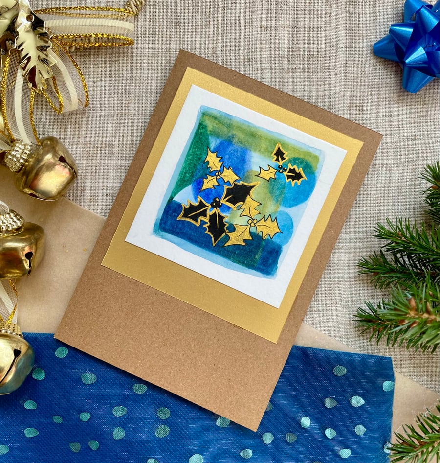 Card, hand painted original contemporary design Christmas card.