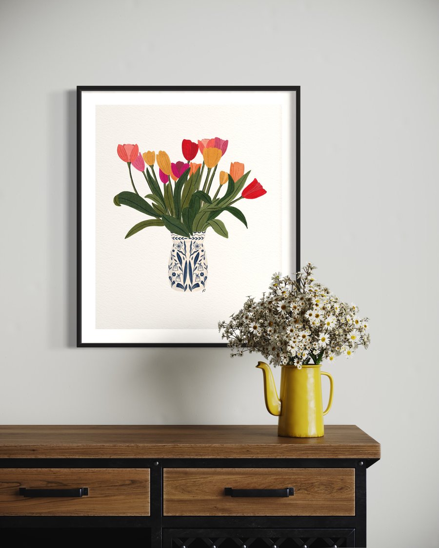 Tulips in a Chinoiserie Pot Illustration A4 Art Print