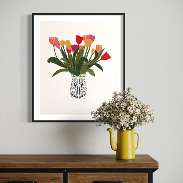 Tulips in a Chinoiserie Pot Illustration A4 Art Print