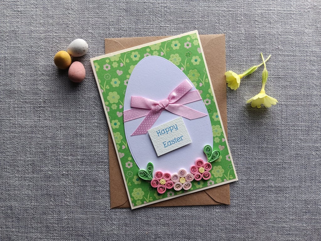Easter Egg Card with Quilled Flowers Size 6" x 4" 