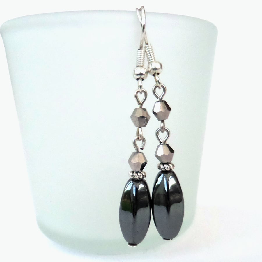SALE: Hematite and silver crystal earrings