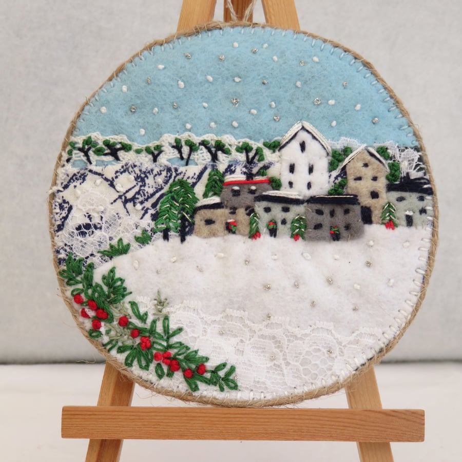 Winter Village Embroidered Plaque