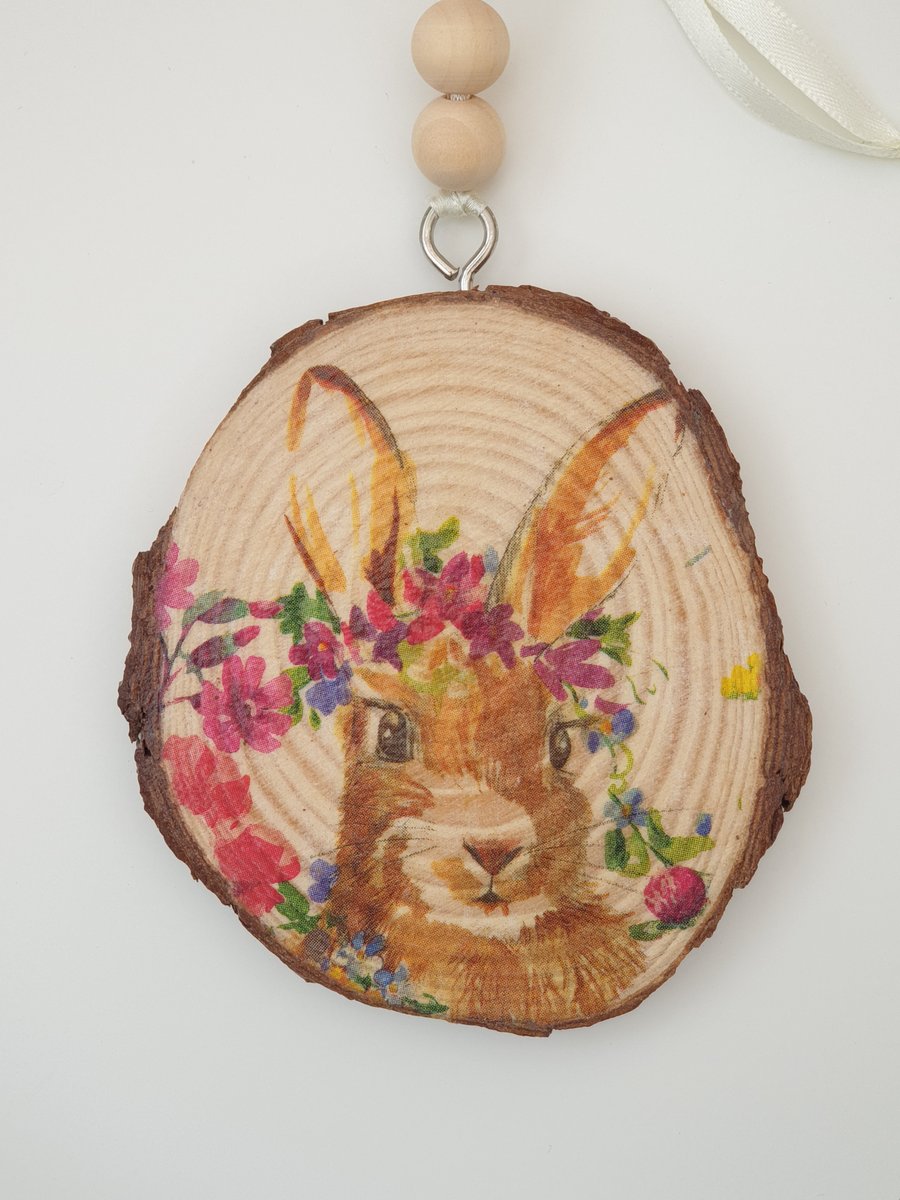 Rabbit decoupage hanging wood slice decoration