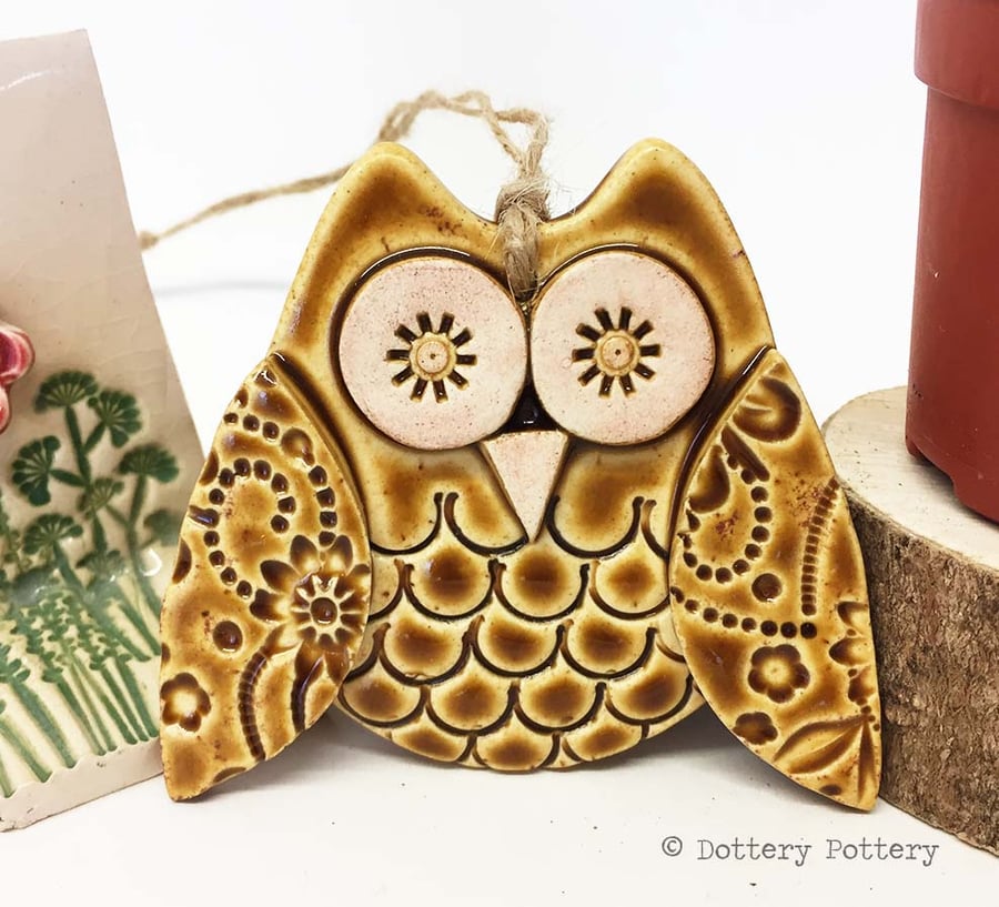 Ceramic owl hanging decoration Pottery owl ceramic bird brown