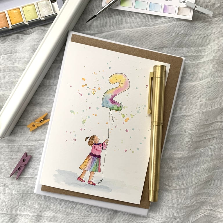 2nd Birthday Girl – Hand-Painted Card with Number 2 Balloon