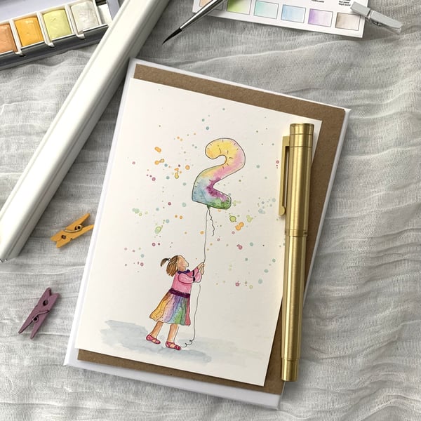 2nd Birthday Girl – Hand-Painted Card with Number 2 Balloon