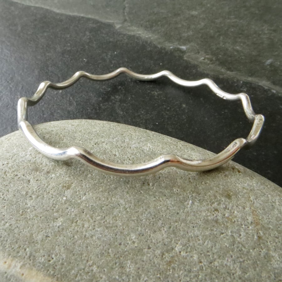 Silver scalloped bangle, Gift for beach lover, Unusual sterling bracelet