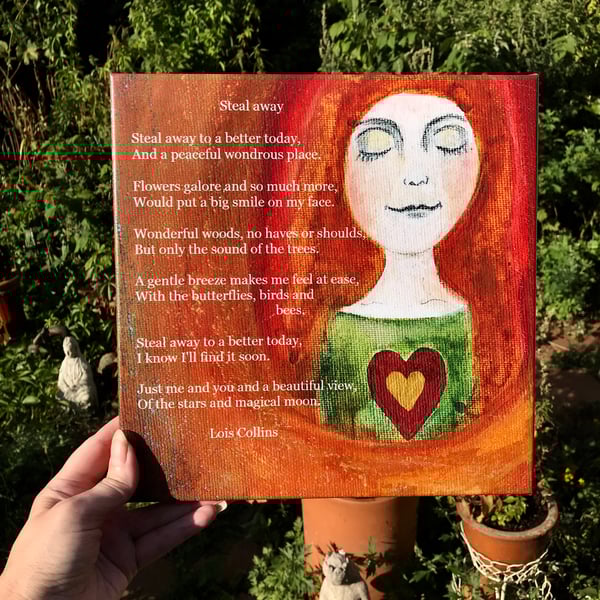 RESERVED FOR SUE! SALE! Print on canvas with poem, 10" by 10" "Steal away"