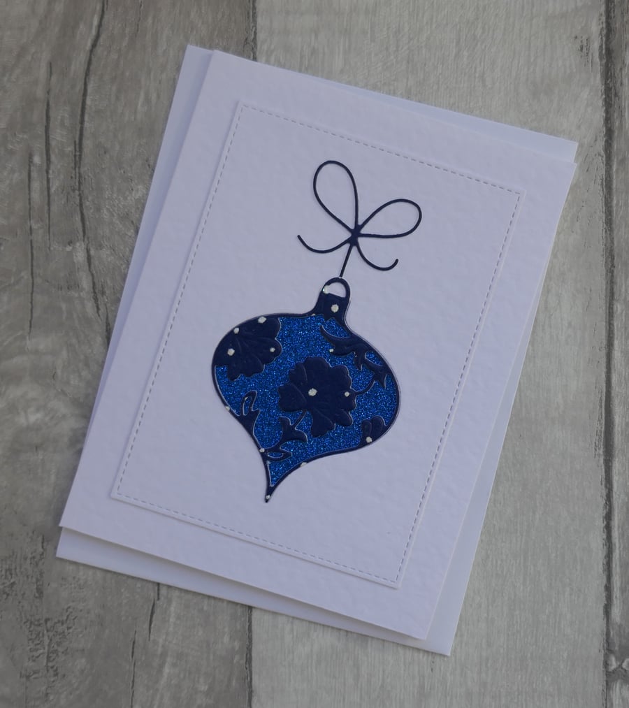 Blue Glitter and Blue Spot Bauble with Bow - Upcycled Christmas Card