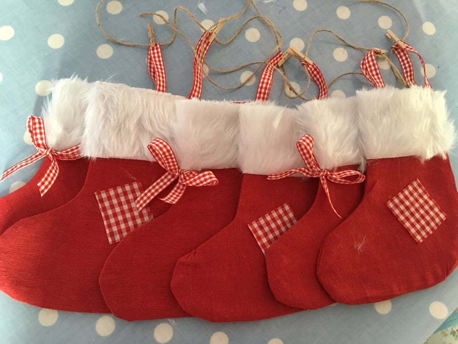 Christmas stocking garland,bunting in  red linen fabric,fur, ribbon, twine