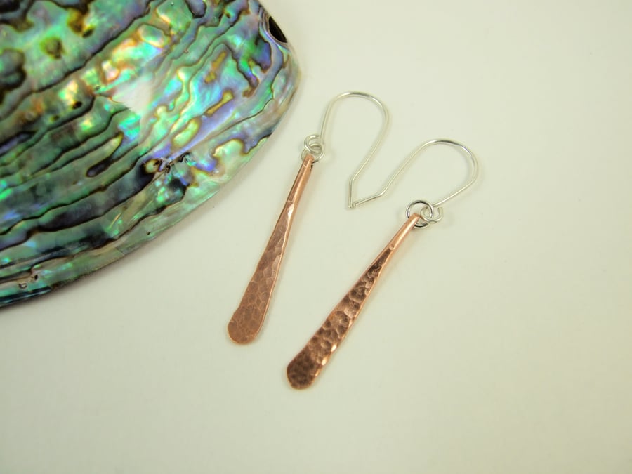 Earrings, Hammered Copper Dropper with Sterling Silver