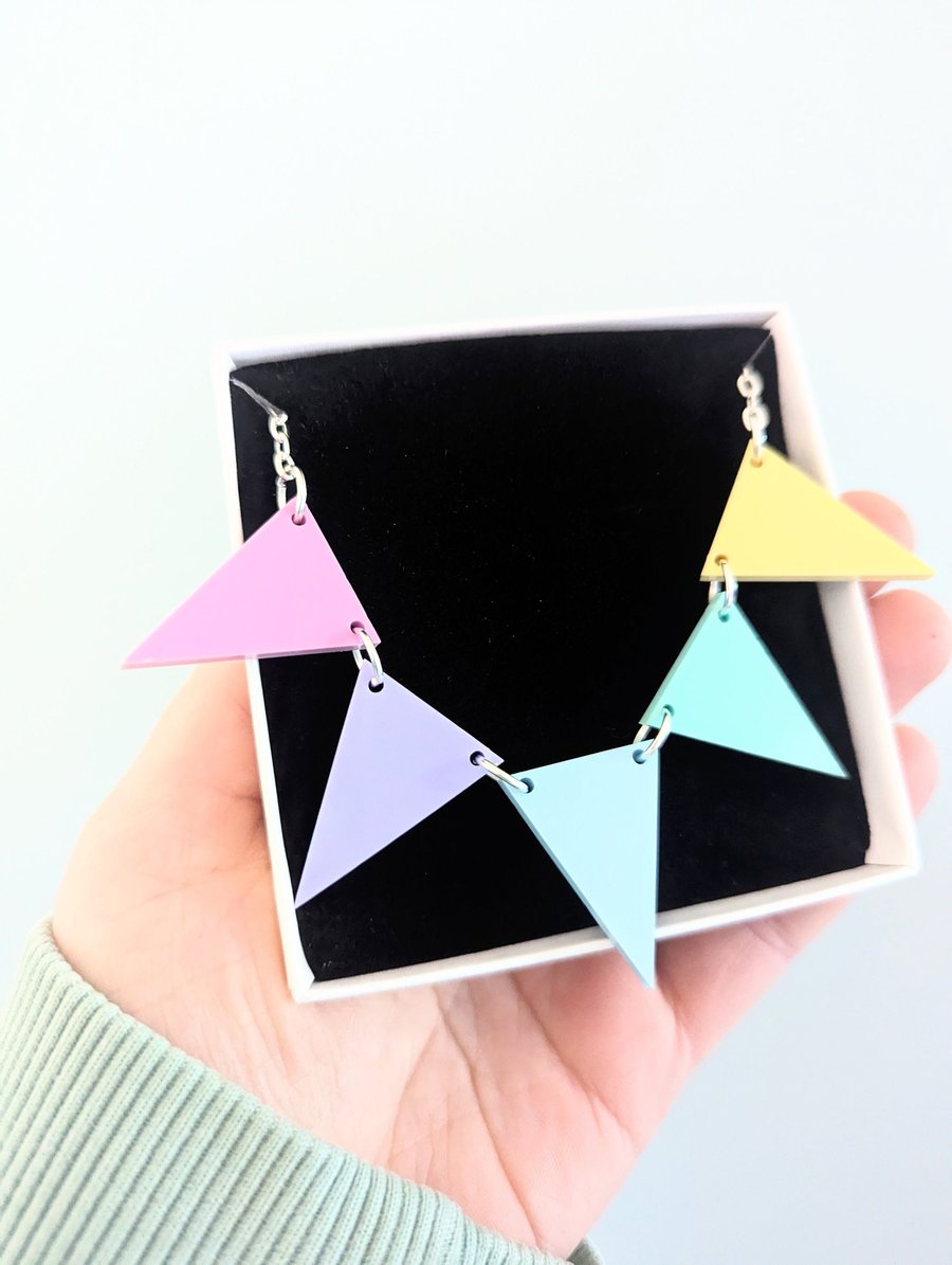 Pastel Bunting necklace in acrylic with silver plated chain statement necklace