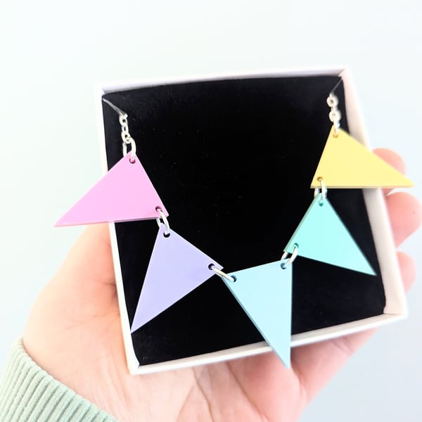 Pastel Bunting necklace in acrylic with silver plated chain statement necklace