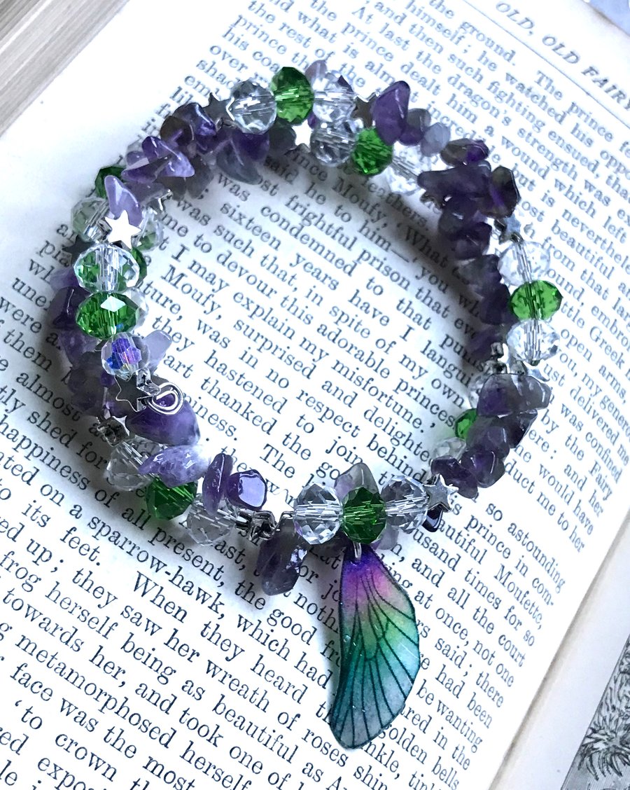 Amethyst Purple and Green Fairy Wing Bracelet