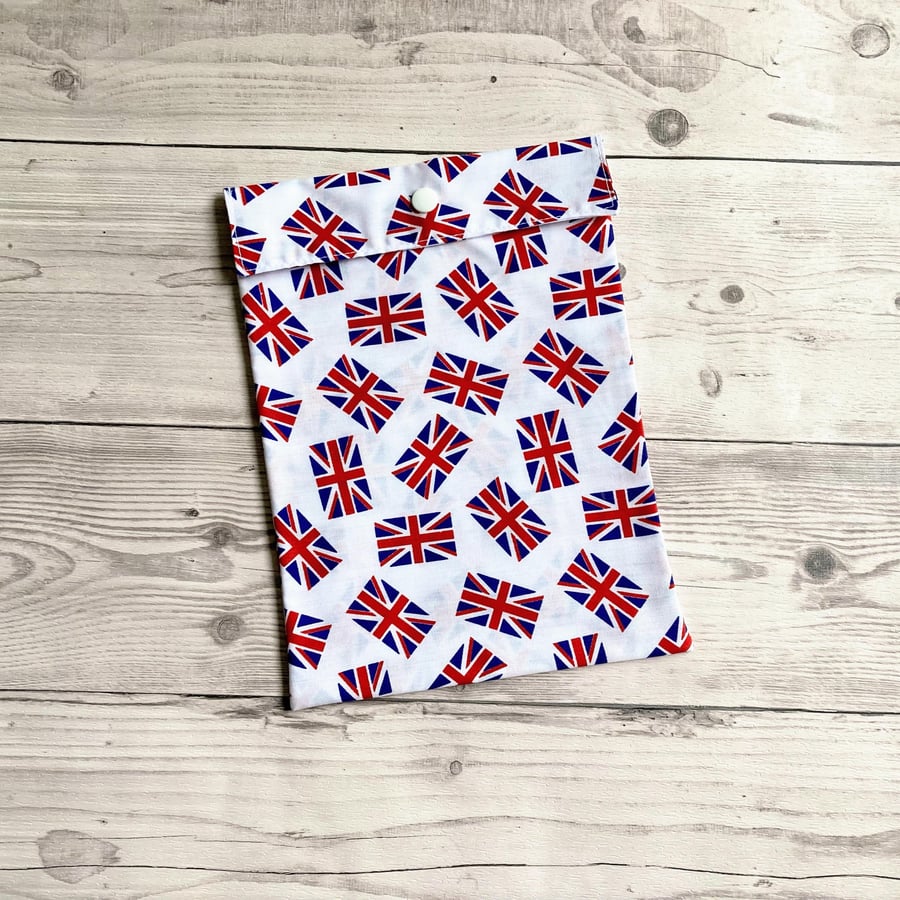 Union Jack themed fabric gift bags with snap closure. Reusable present wrap.