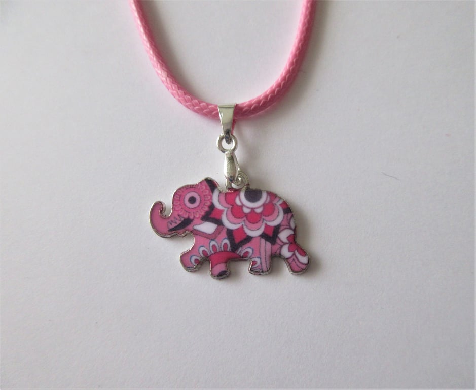 Owl Necklace Pink Cord with Cute Elephant Charm
