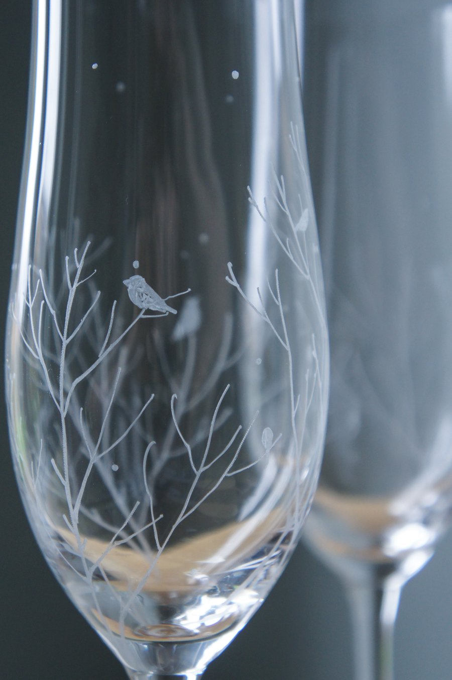 A Pair Of Hand Engraved Champagne Crystal Flutes Woodland
