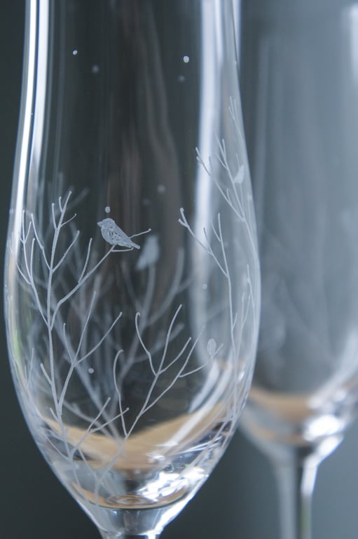 A Pair Of Hand Engraved Champagne Crystal Flutes Woodland