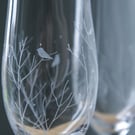 A Pair Of Hand Engraved Champagne Crystal Flutes Woodland