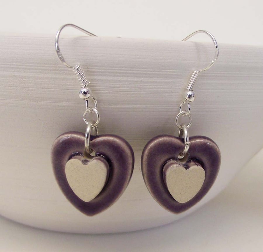 Ceramic love heart earrings on sterling silver ear wires