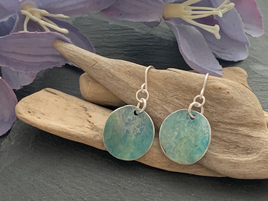 Printed Aluminium and sterling silver earrings - Soft green and blue 