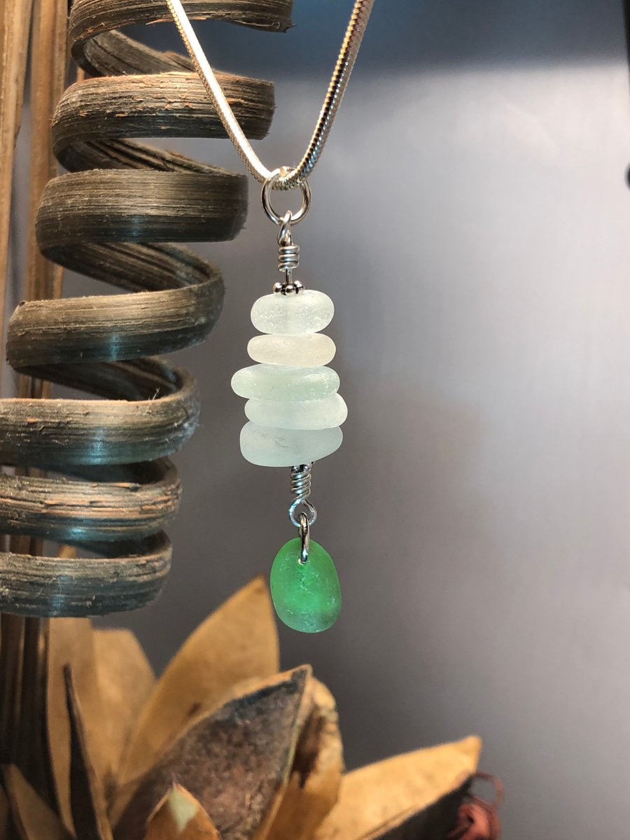 Sea Glass & Sterling Silver Stack Necklace Pendant