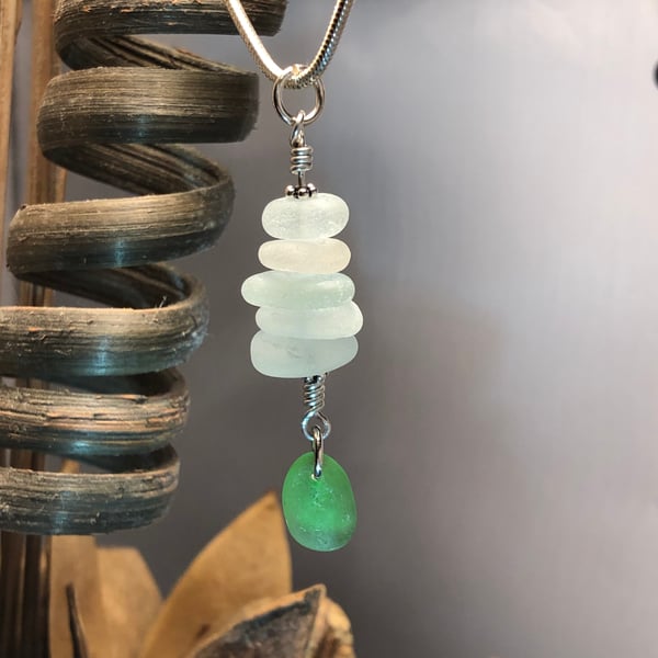 Sea Glass & Sterling Silver Stack Necklace Pendant