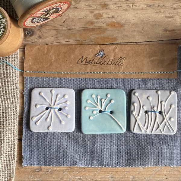 Handmade Ceramic Square Botanical set of 3 Buttons