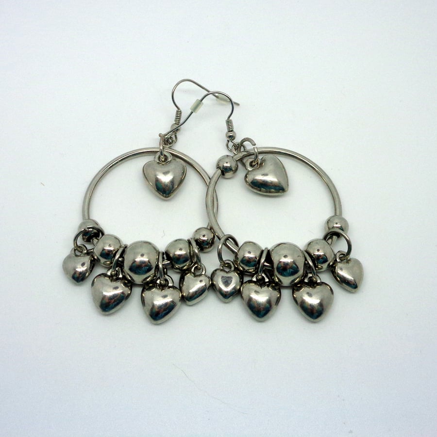 Hearts & hoops antique silver metal chandelier earrings
