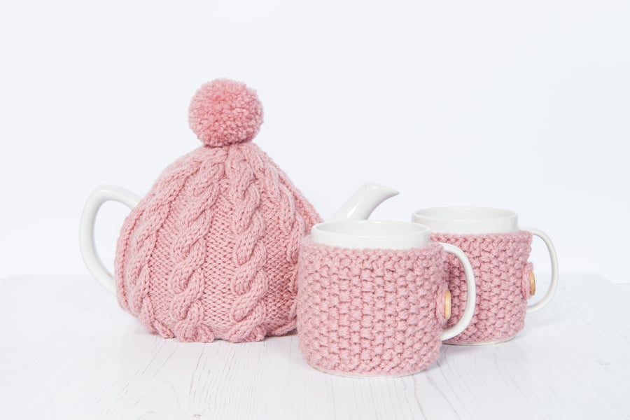 Hand knit tea and mug cosy gift set - Pom pom tea cosy set - Teapot cosy set
