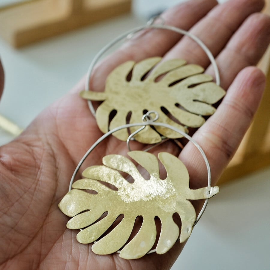 Super Seconds Saturday Eco silver and brass monstera leaf hoops 