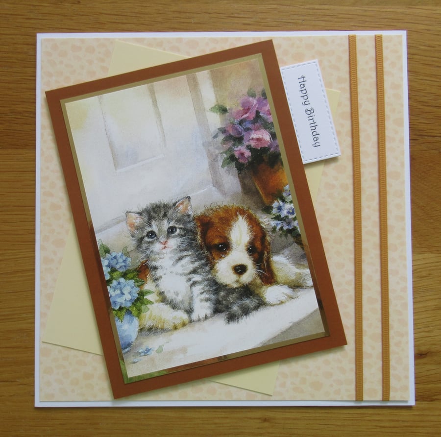 Kitten & Puppy Cuddles - Large Birthday Card (19x19cm)