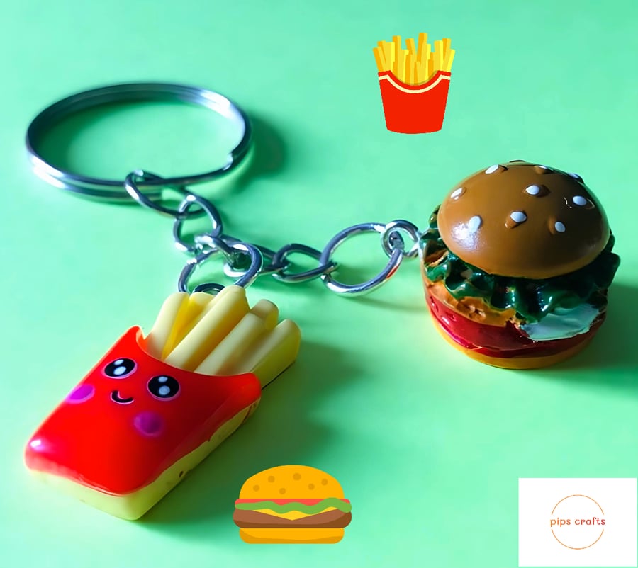 Fun Burger & Fries Keyring - Fun Fake Food Keychain, Gift